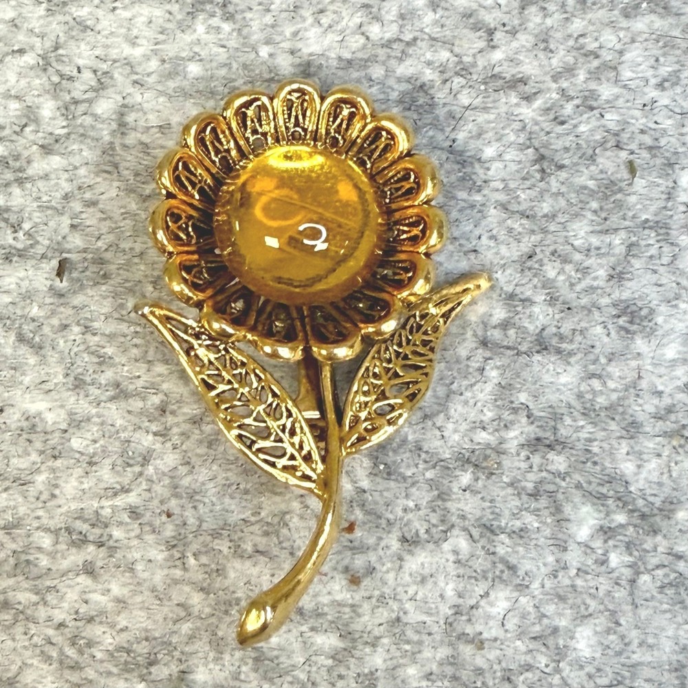 Vintage Gold Tone Sunflower Brooch Amber Cabochon‎ Filigree Leaf Flower Pin 2"